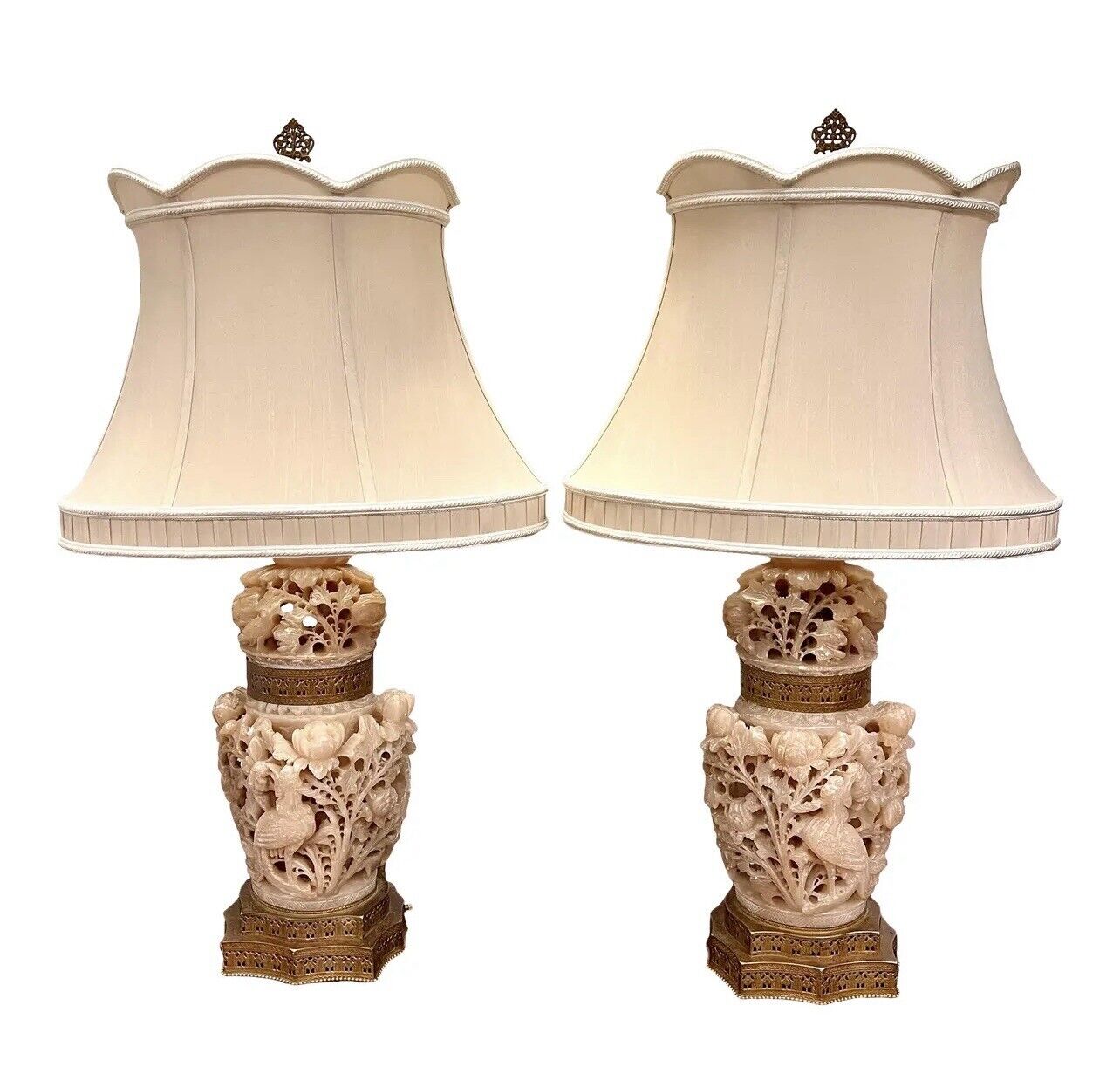 Magnificent Pair of Chinese Carved Removable Soapstone Urn Lamps with Shades