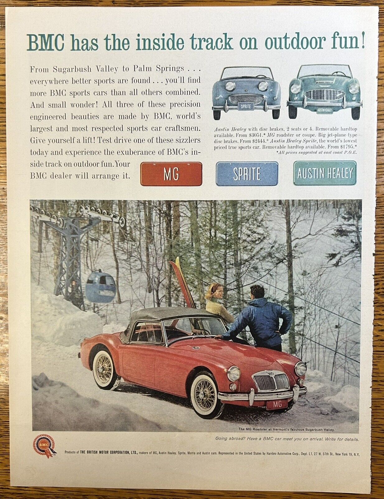 BMC Has the Inside Track 1961 British Motor Company Ad, 10 1/2” x 13 3/4”, MG