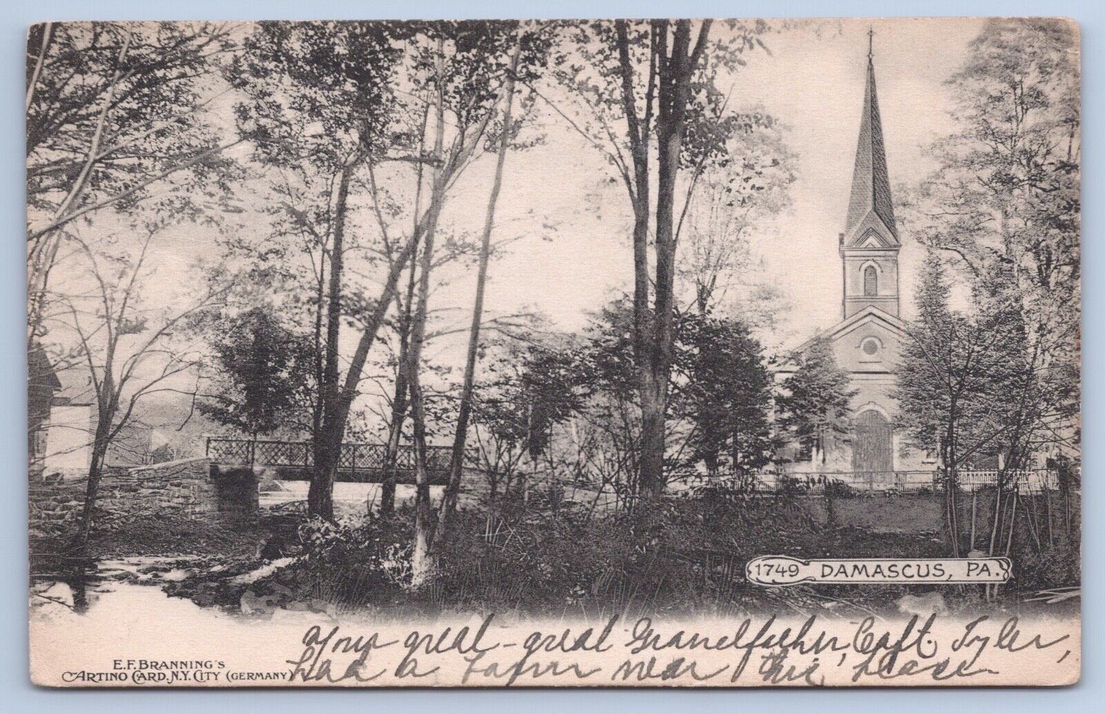 Postcard Damascus PA Pennsylvania First Baptist Church and Bridge E. F. Branning