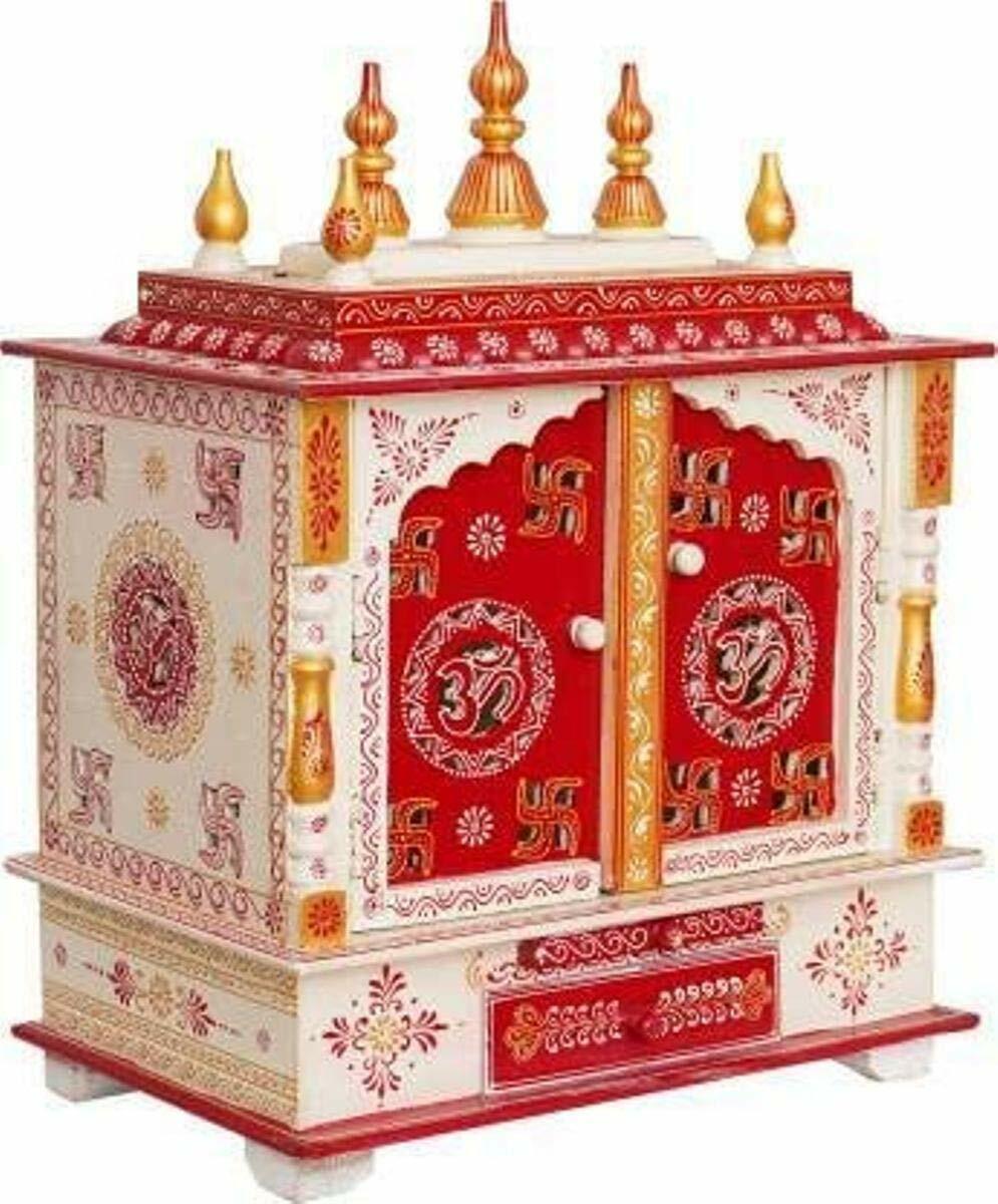 White & Red Wooden Om Hindu Mandir Temple Pooja Home Office Pray Mandapam Diwali