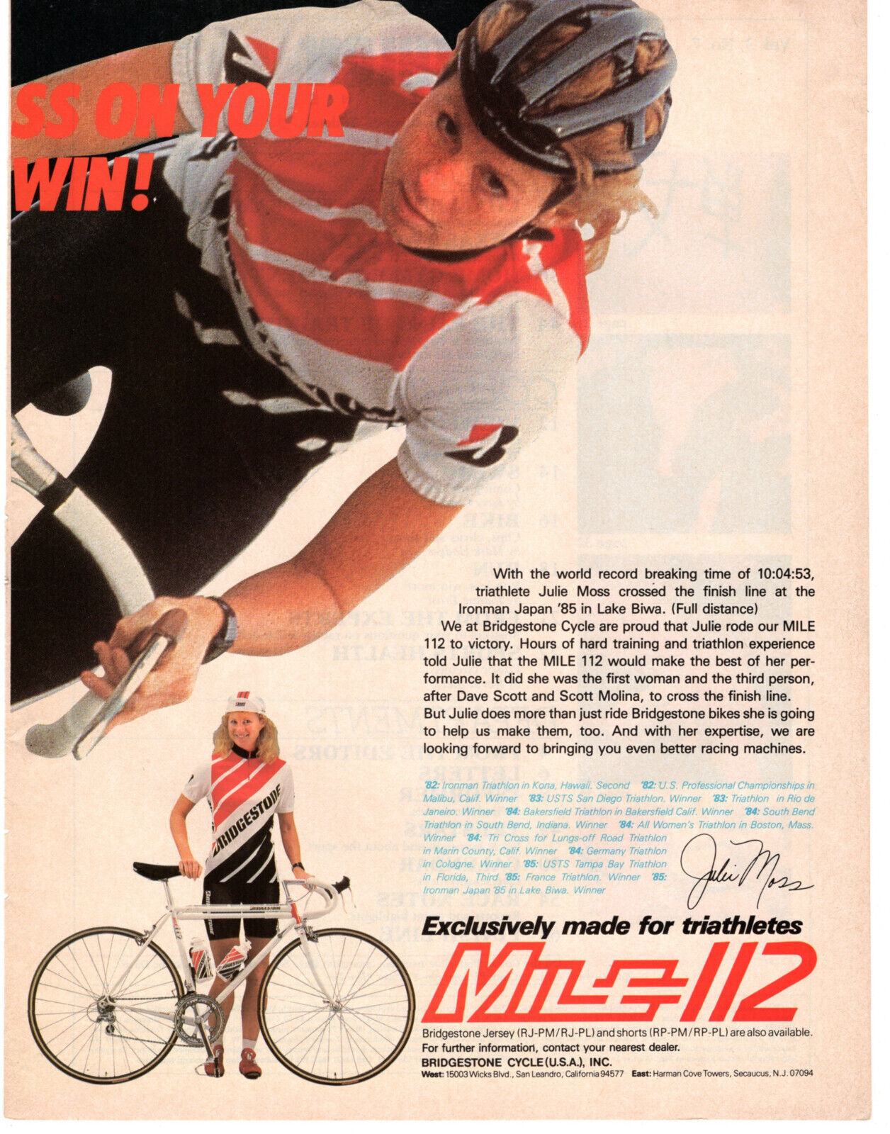 Bridgestone Bicycles Julie Moss Triathlon IRONMAN 1985 Vintage 2 Pg Print Ad