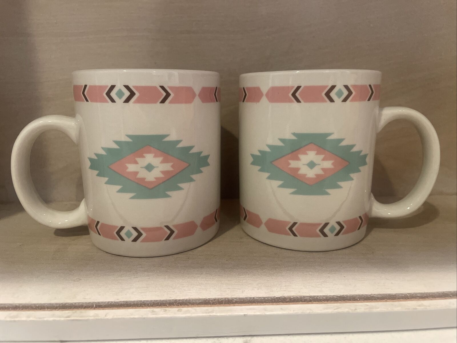 Vintage Set (2) Meiwa Table Art Aztec Cup Mug Multicolor Southwest America EUC