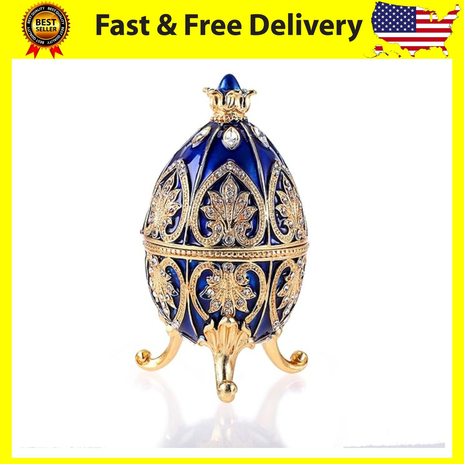 Bejeweled Blue Faberge Egg Hinged Metal Enameled Crystal Trinket box Classic