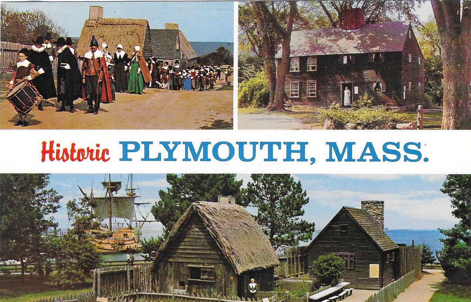 Vintage Massachusetts Chrome Postcard Plymouth Banner Multi Scenes