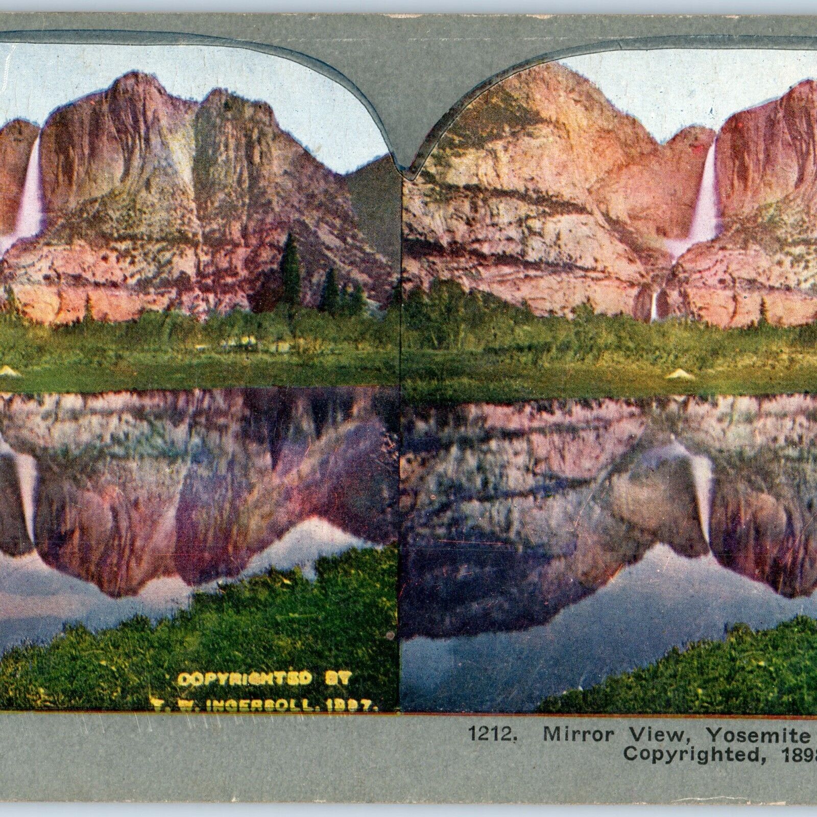 c1900s Yosemite Falls, California Mirror View Litho Photo Stereo Card V7