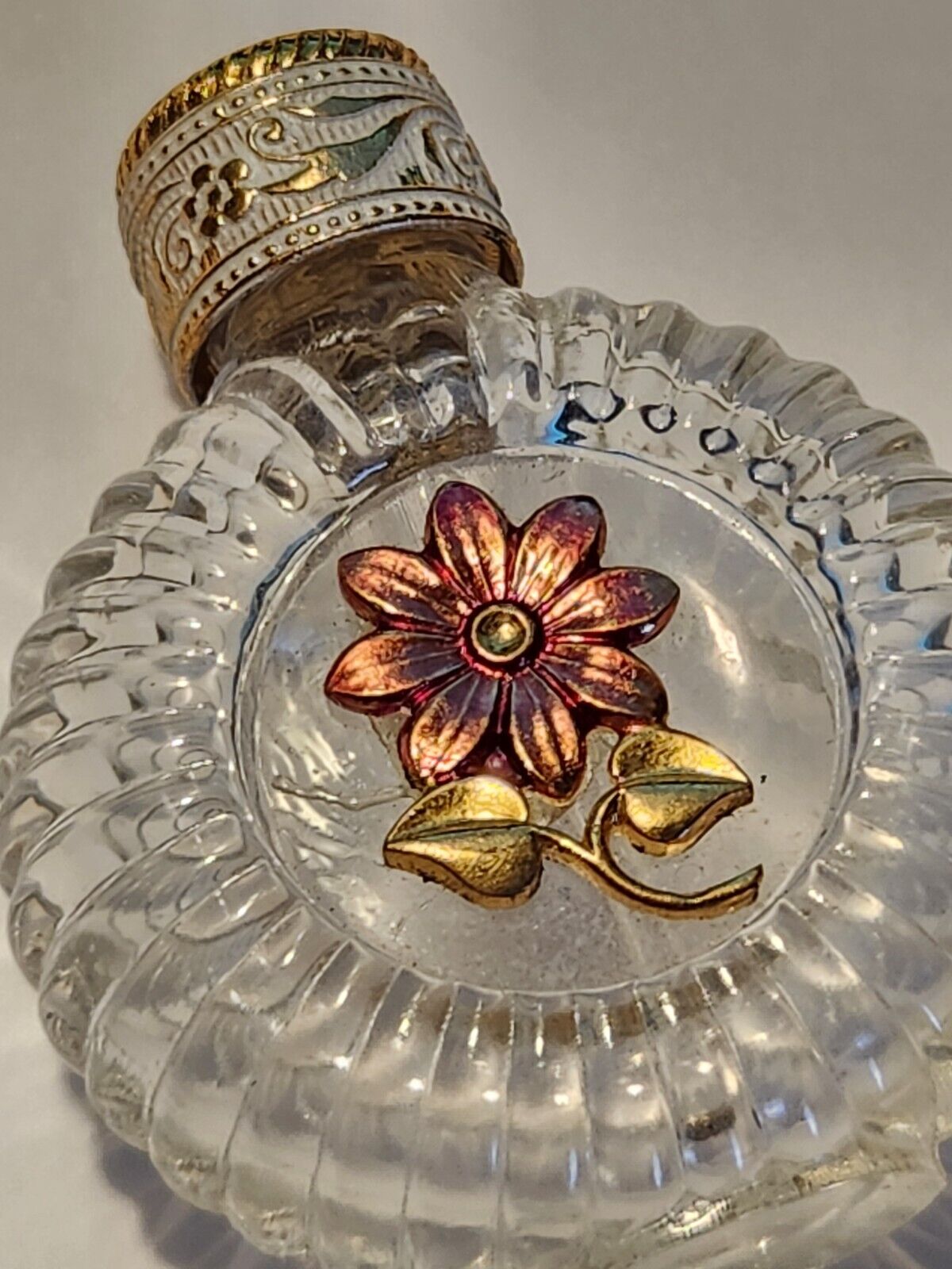 Vintage Miniature Czech Glass Enamel & Ormolu Overlay Perfume & Dauber #1605
