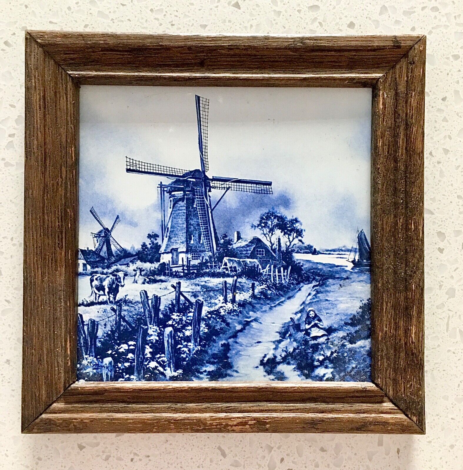 Vintage 6.5 Inch Royal Mosa Tile Framed Blue & White Made in Holland 1984