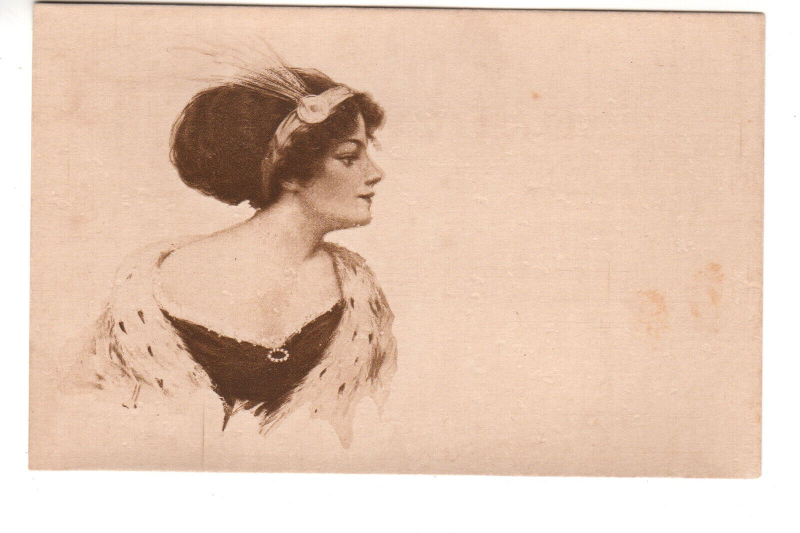 Postcard: Pretty Lady- sepia; ca 1900\'s; flapper-style headband, cleavage pin