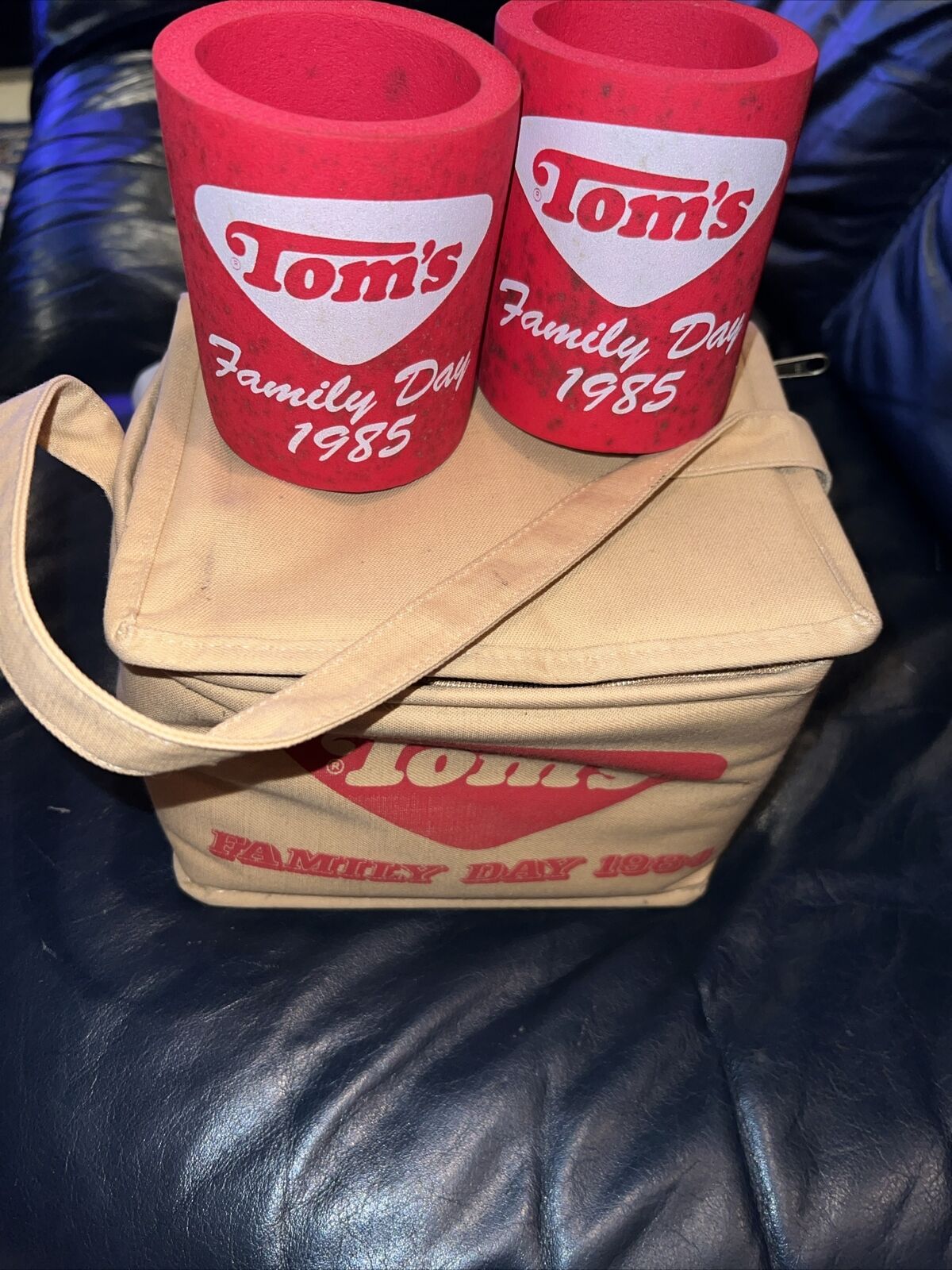 Rare vintage TOM\'S TOASTED PEANUTS  Family Day 1984 Cooler Bag And Coozies