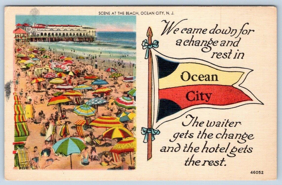 1940\'s OCEAN CITY NEW JERSEY*NJ*PENNANT*CAME FOR A REST*HUMOROUS LINEN POSTCARD
