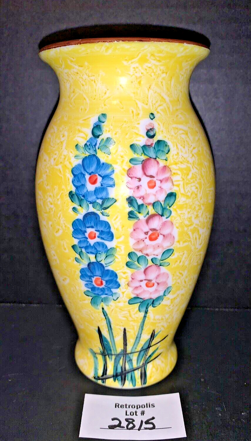 Yellow Hand Painted Pink Blue Flowers Floral Milk Glass Vase Vtg