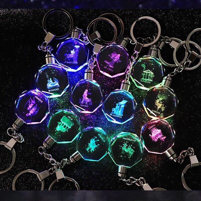 Bundle Of 12 Different 3D Horoscope Zodiac Crystal Keychains LED Light.