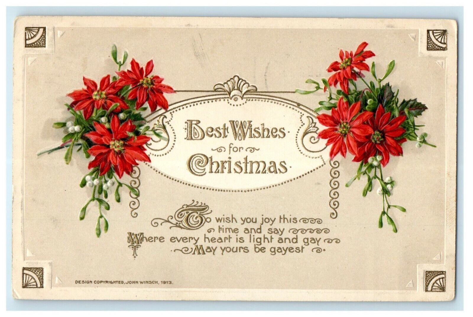 1913 John Winsch Best Wishes Christmas Poinsettia Red Flowers Embossed Postcard