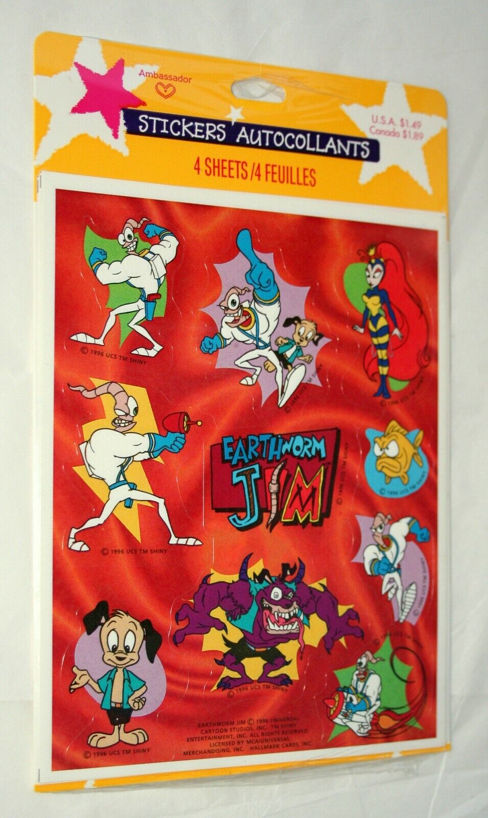 1996 Hallmark Earthworm Jim TV Cartoon 40 Sticker Set New NOS Sealed Card 