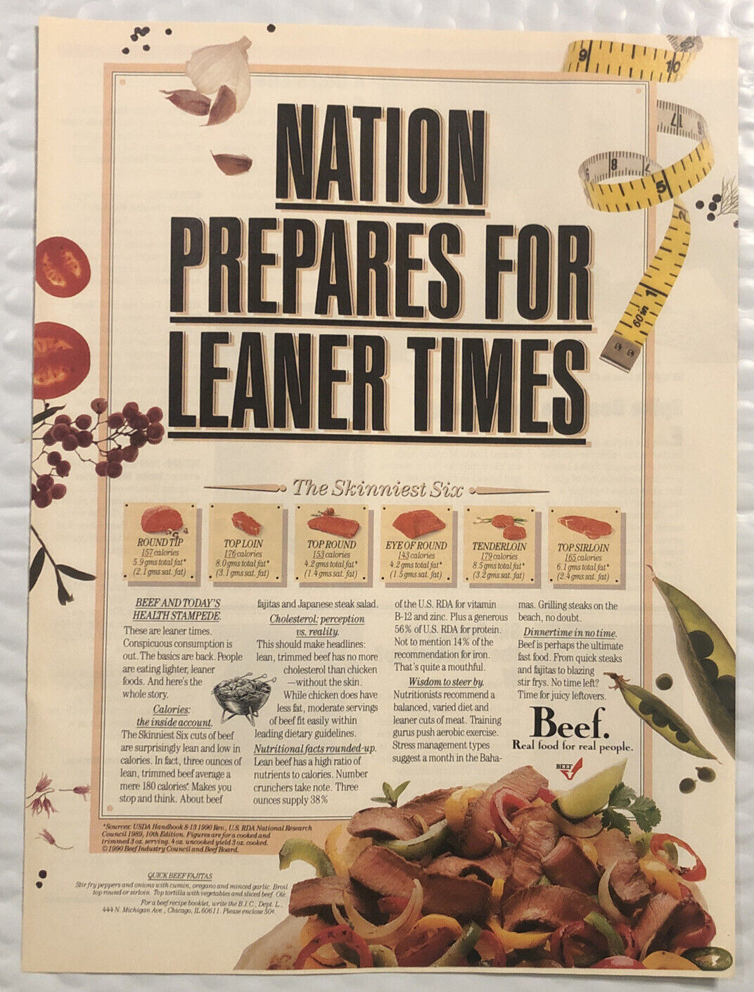 Vintage 1990 Original Print Ad Full Page - Beef - Prepares For Leaner Times