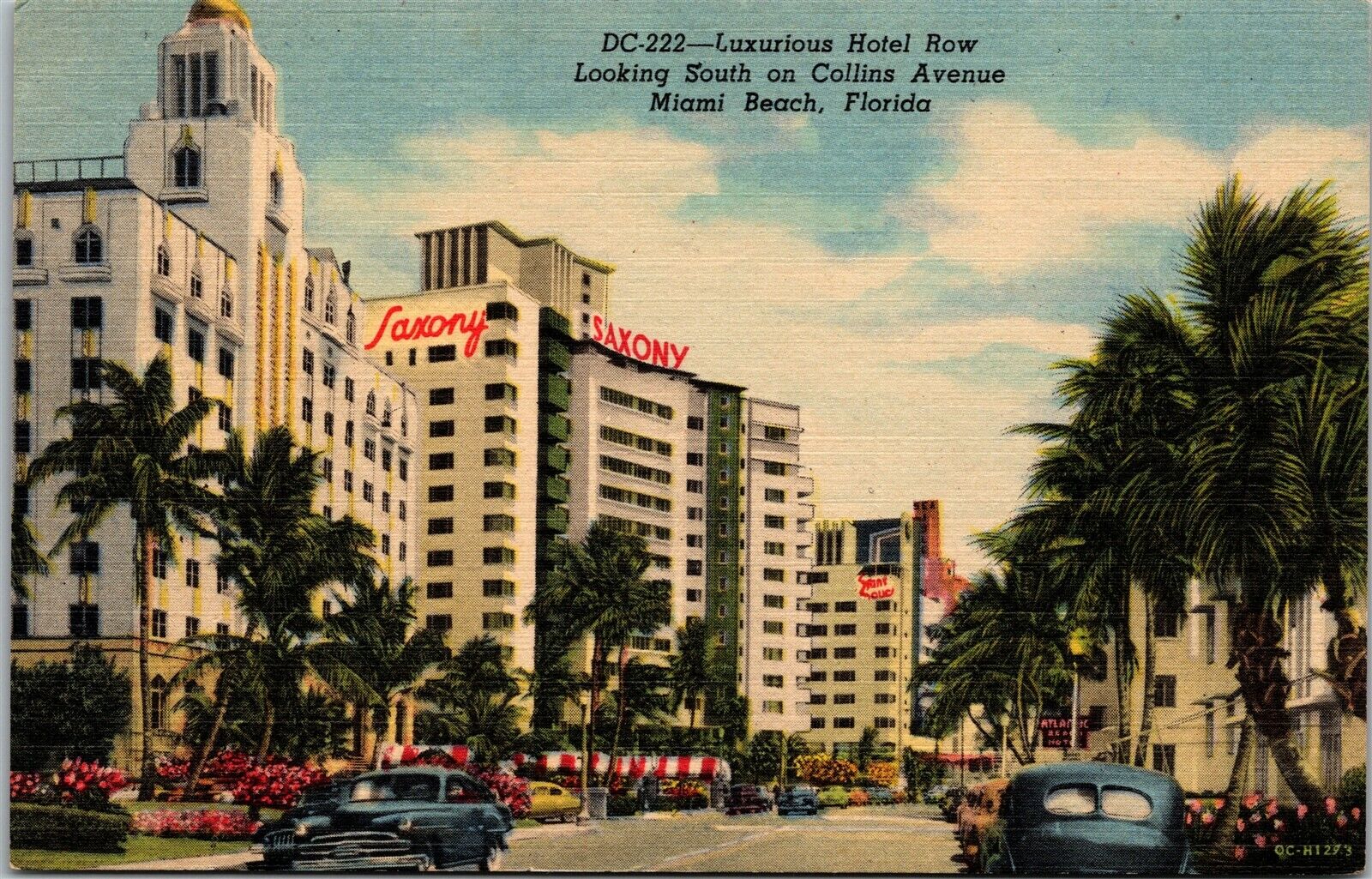 Hotel Row Collins Ave Saxony Atlantic Old Cars Miami Beach FL 1930s Postcard D4