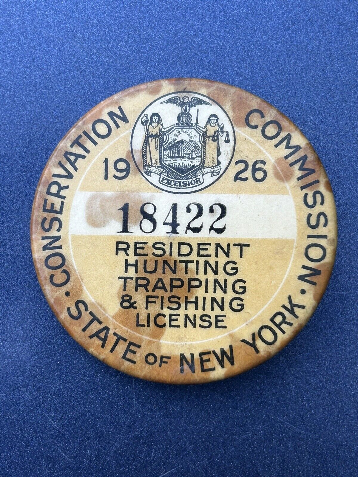 Vintage 1926 New York Hunting Fishing Trapping License Pinback