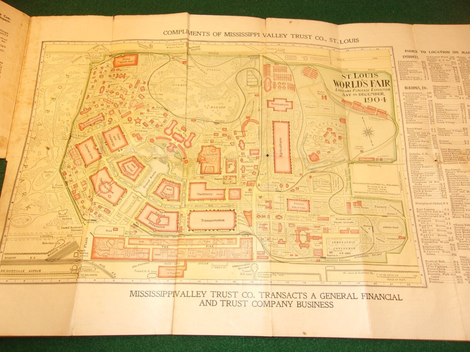 ANTIQUE SOUVENIR FOLDING POCKET MAP, 1904 WORLD\'S FAIR; MISSISSIPPI VALLEY TRUST