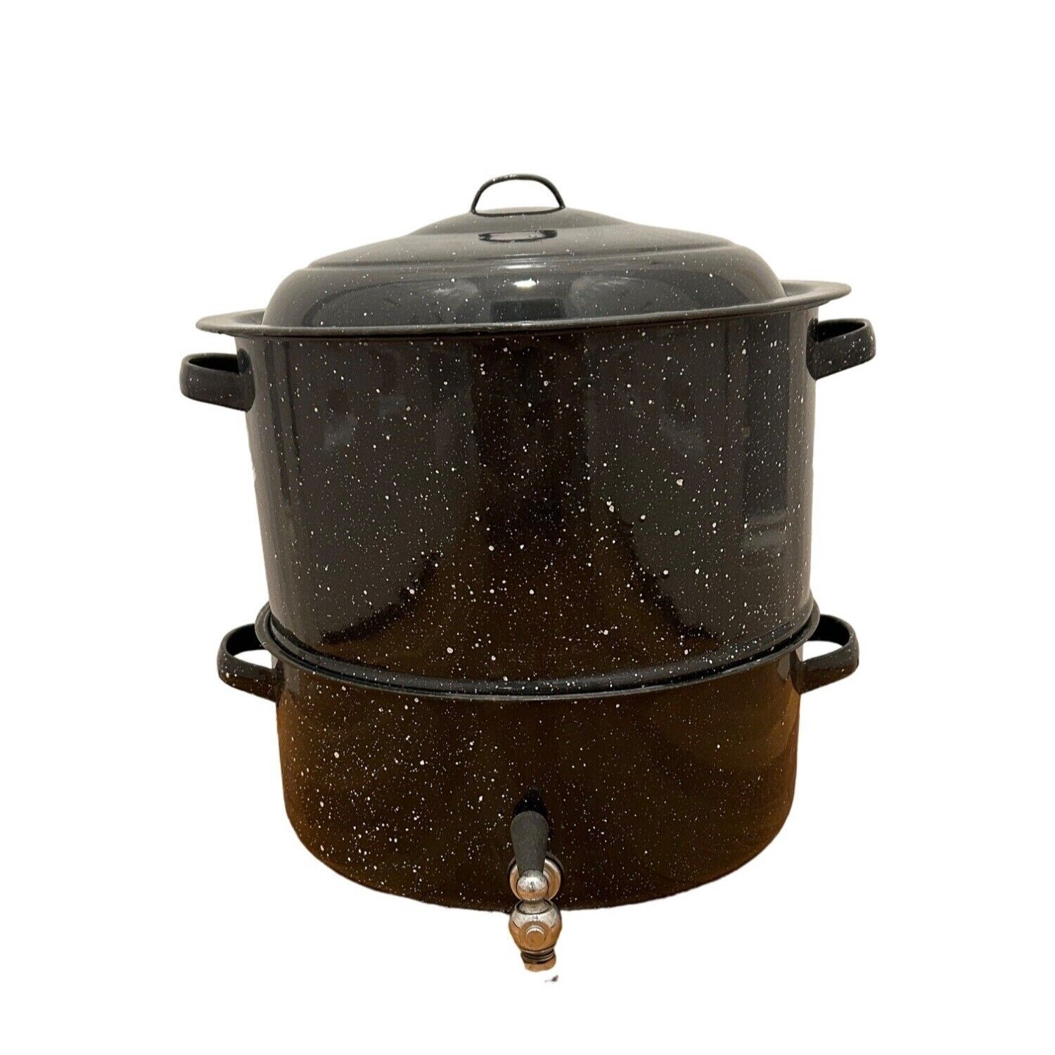 Vintage Speckled Enamel Double Steam Pot Clam Broth Lobster w/Spigot & Lid