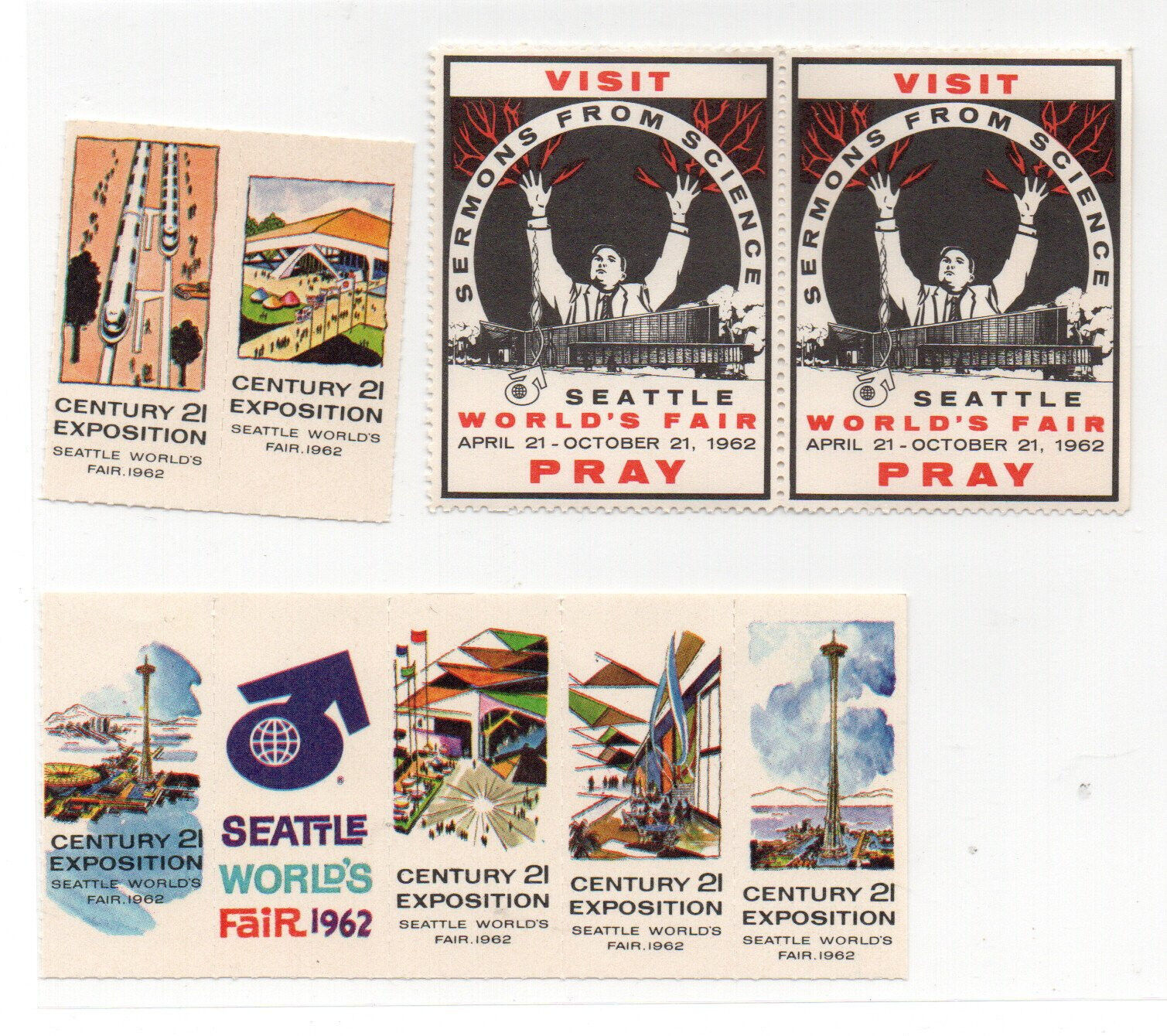 1962 SEATTLE WORLD\'S FAIR • POSTER STAMPS + SERMONS FROM SCIENCE • POSTER STAMPS