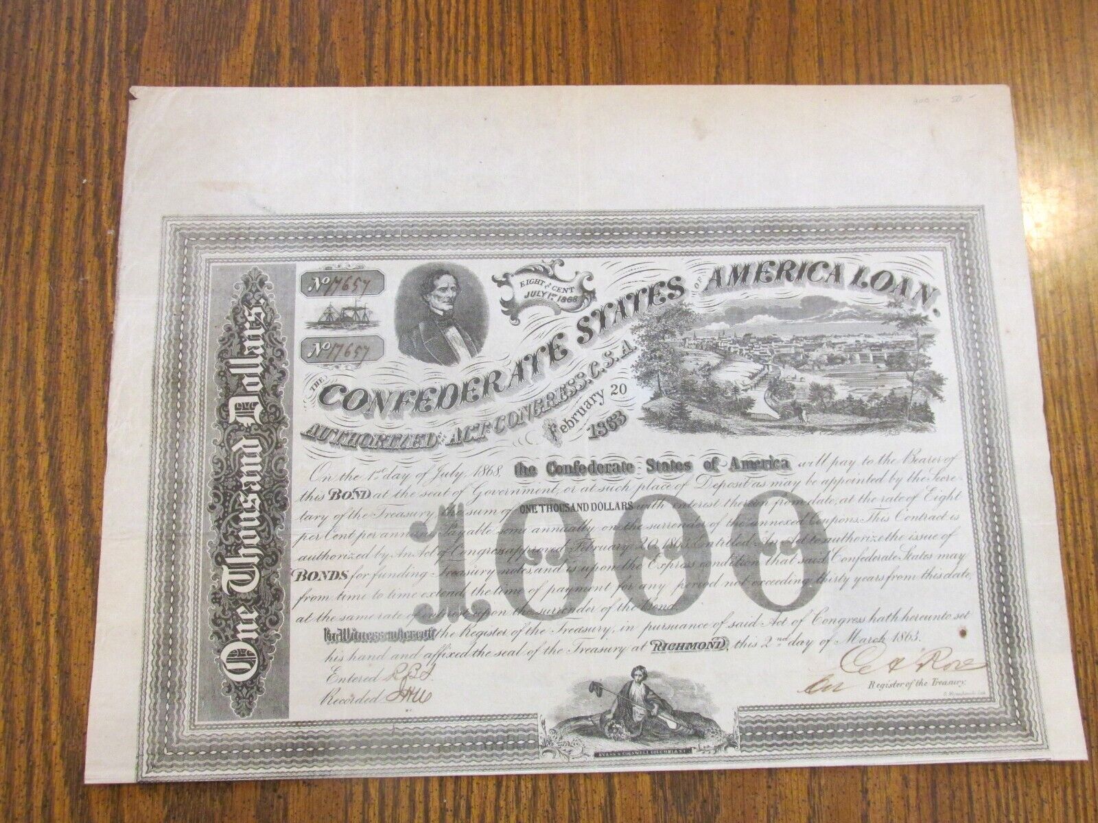 1863 CONFEDERATE STATES OF AMERICA $1000 BOND  lot AG