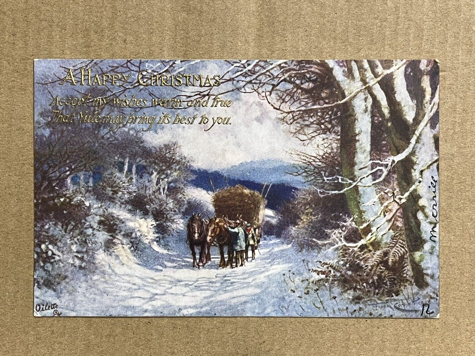 Tuck’s Oilette 9978 Winter Mantle Horses Hay Wagon Christmas Vintage Postcard