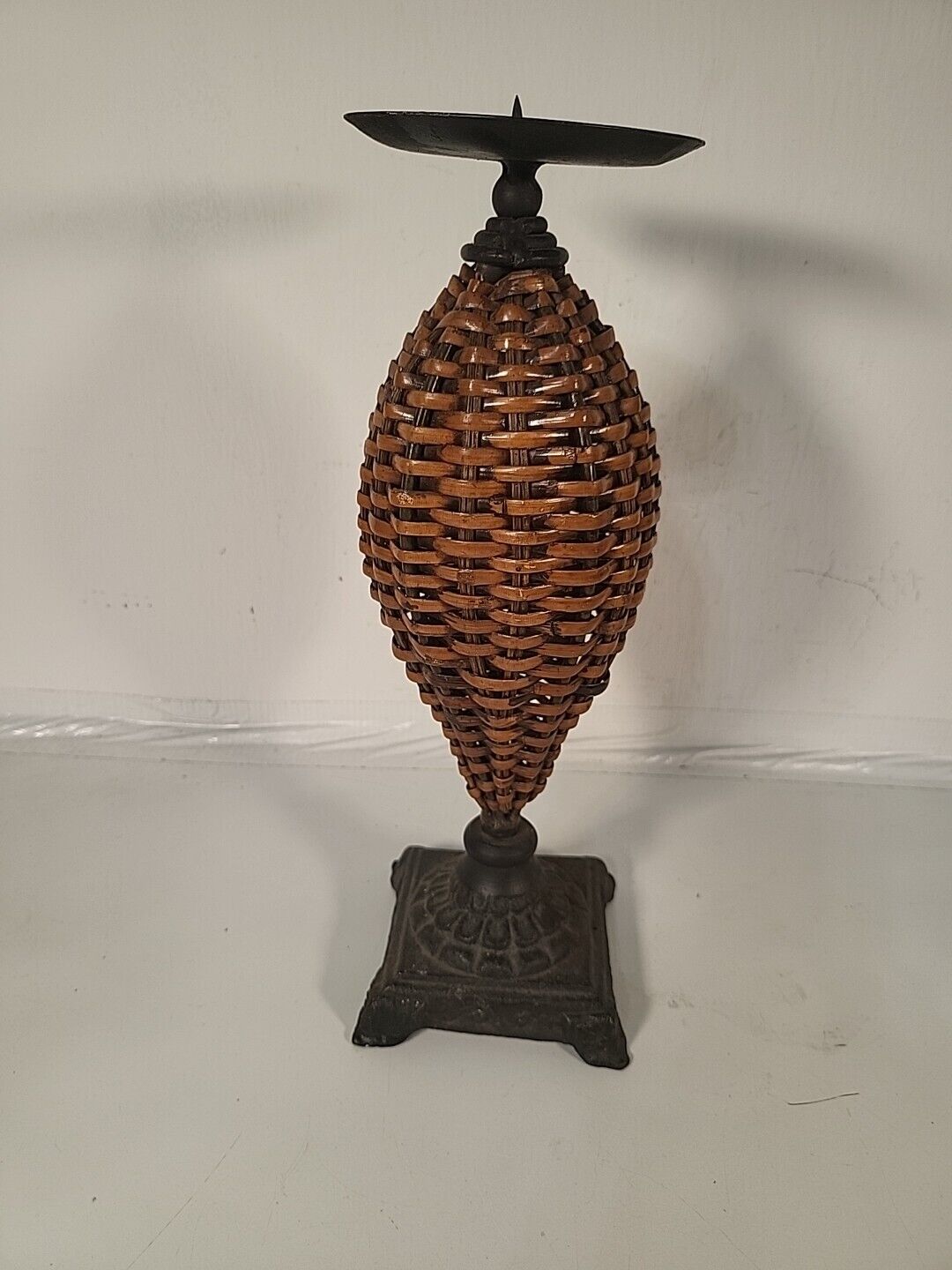 Vintage Wrought Iron And Rattan Tall Candle Pillar Holder