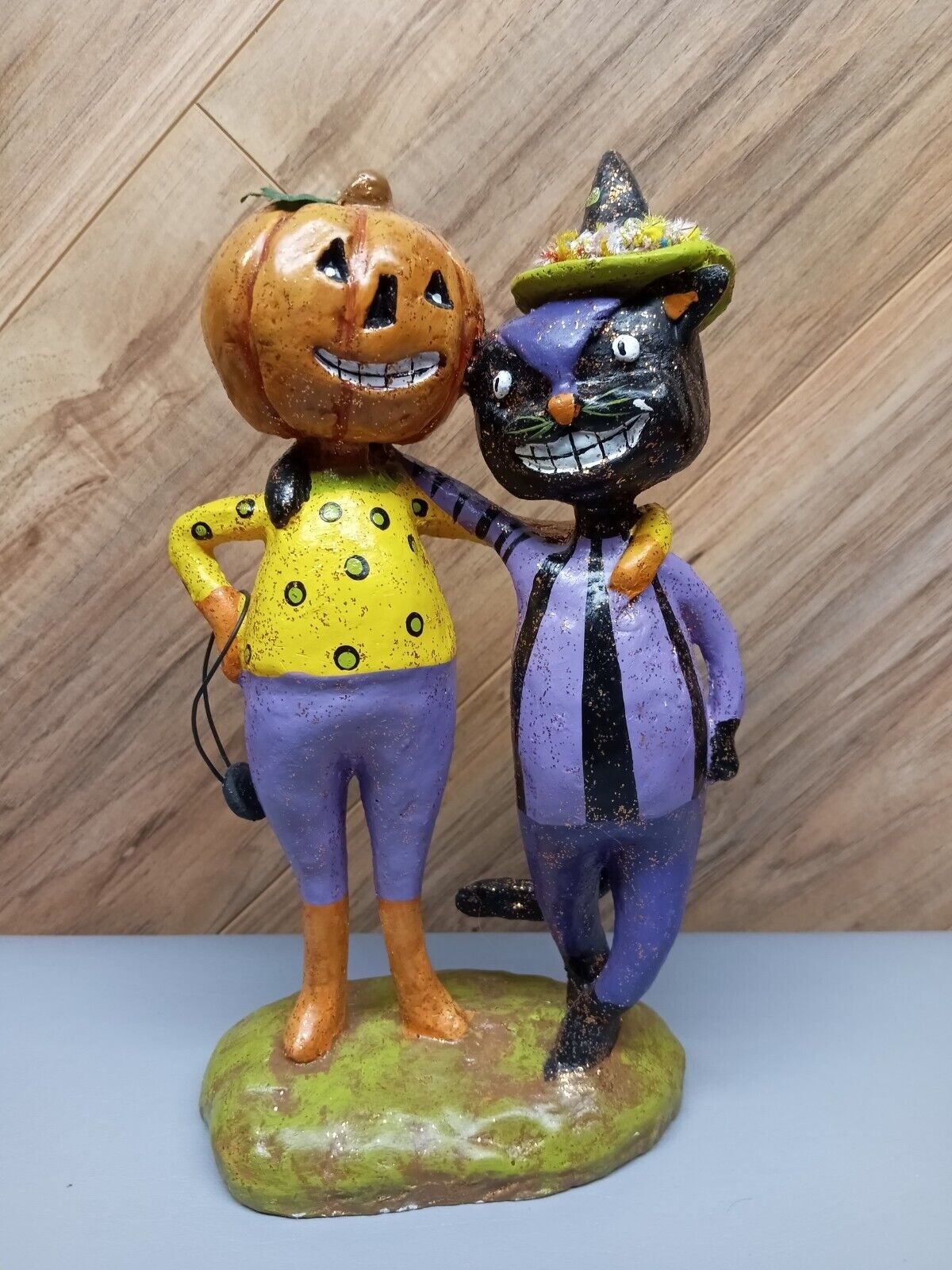 CJF Designs Halloween figure Black Cat w Witch Hat & Pumpkin Head 9-1/2\