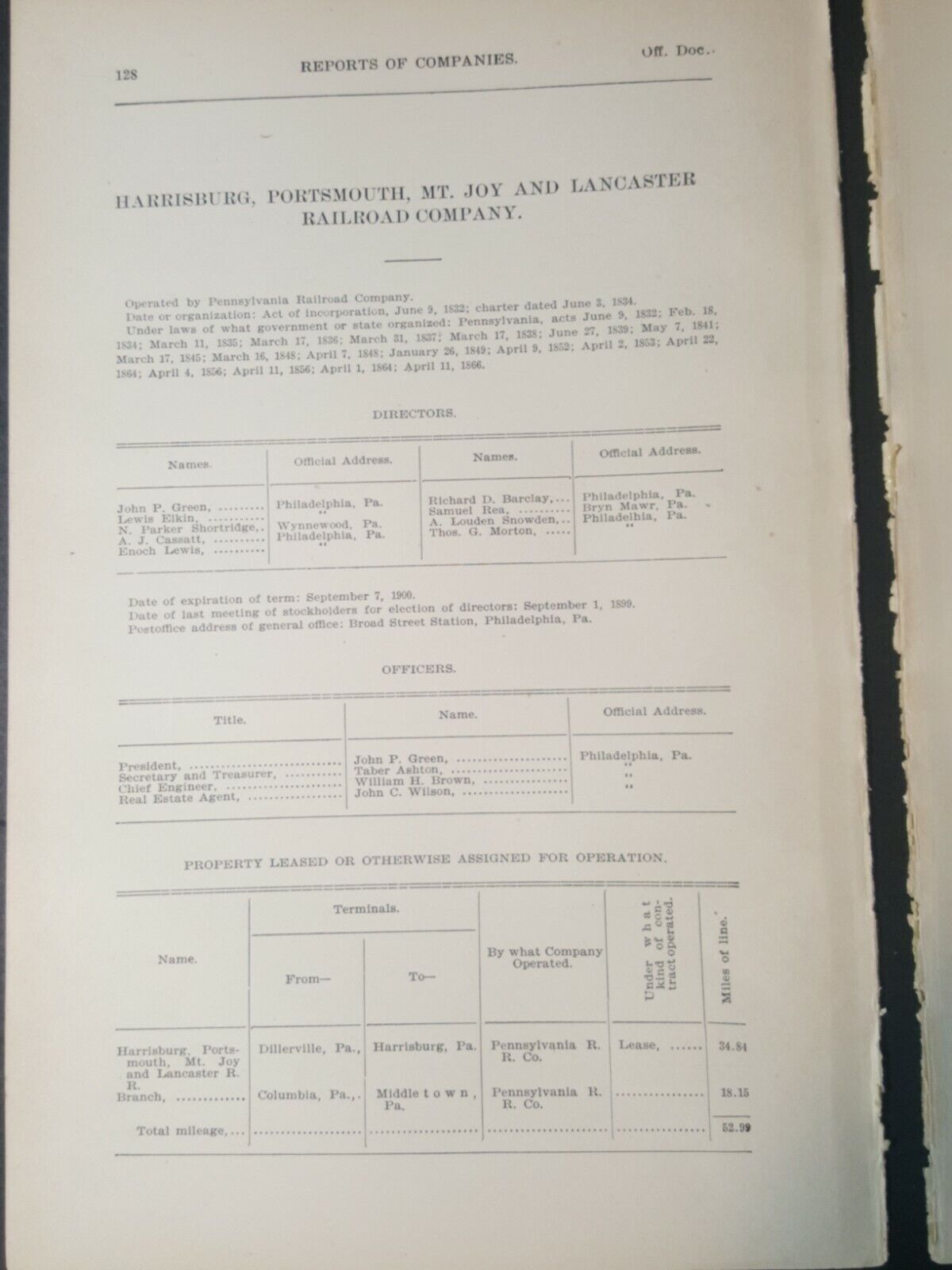 1901 train document Harrisburg Portsmouth Mount Joy & Lancaster Railroad Pennsyl