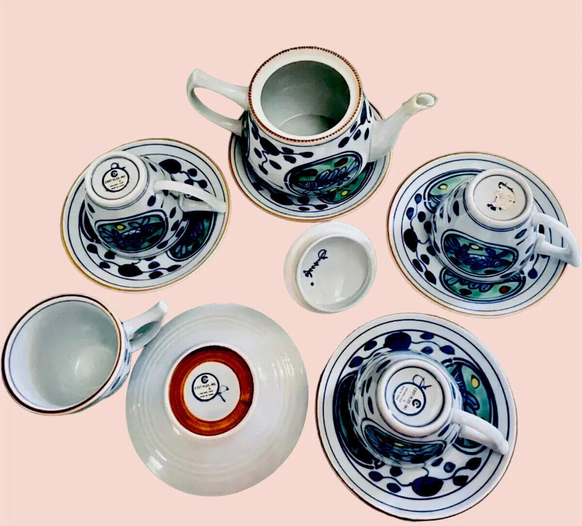 VTG Rare Set Teapot Cups Saucers Cost Plus Inc Porcelain Fish Japan Hand Painted