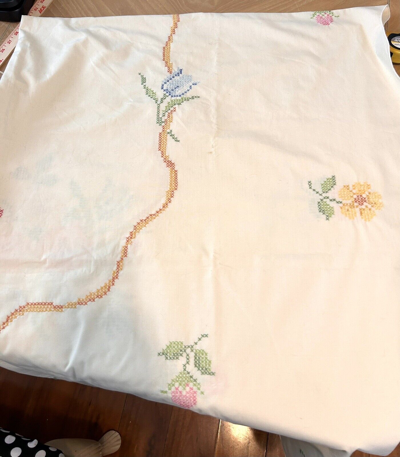 Vintage Handmade Cross Stitch Tablecloth Floral Tulips Large
