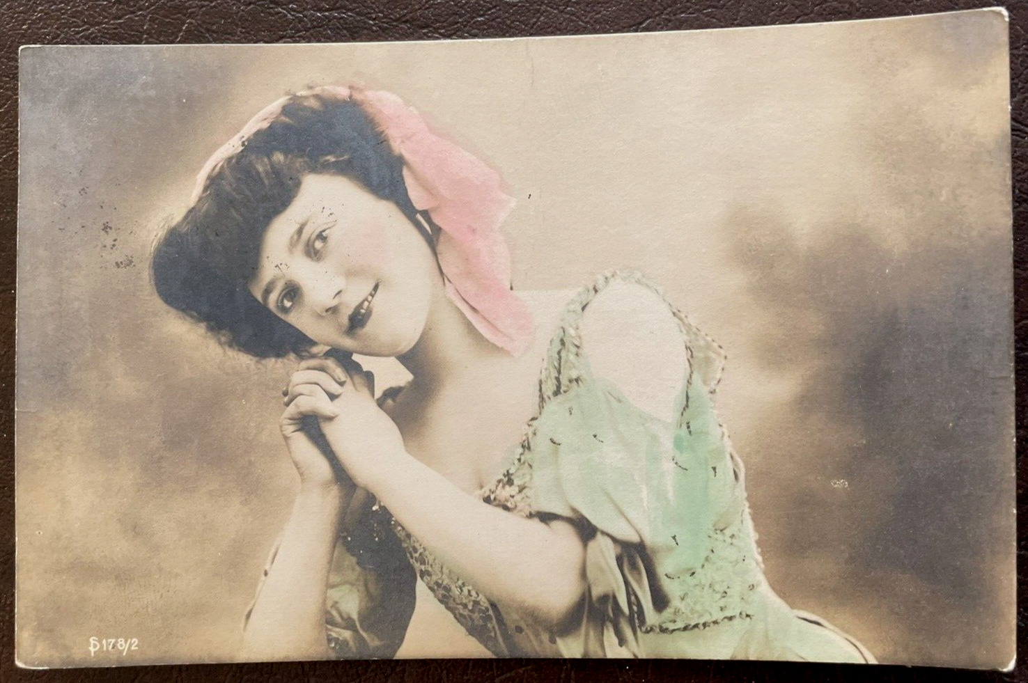 Postcard Antique Real Photo Portrait of a Woman Hand Colored 1909