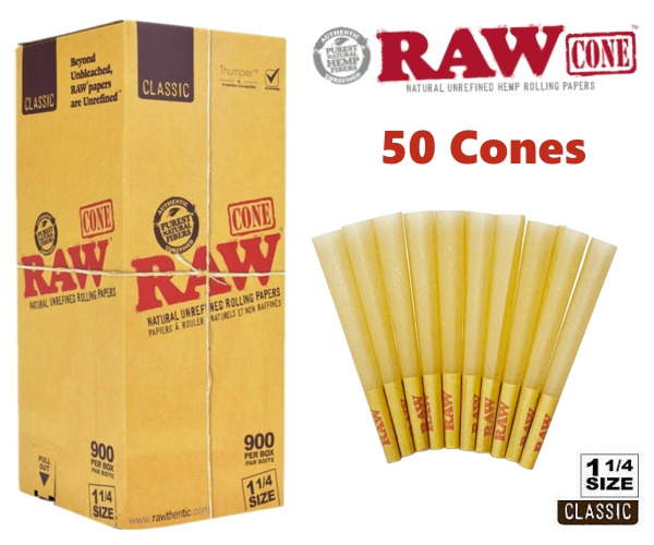 Authentic RAW Classic 1 1/4 Size Pre-Rolled Cones 50 Pack & Fast Shipping