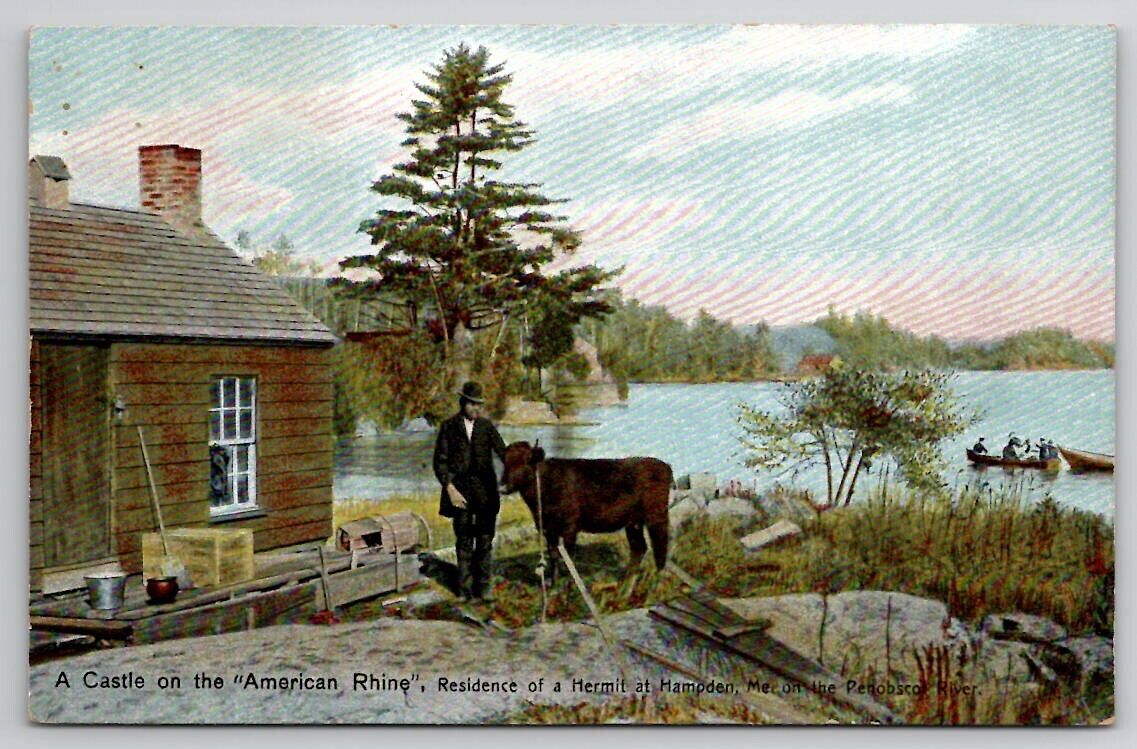 Hampden ME Maine Castle American on Rhine Penobscot River Man Cow Postcard Y22