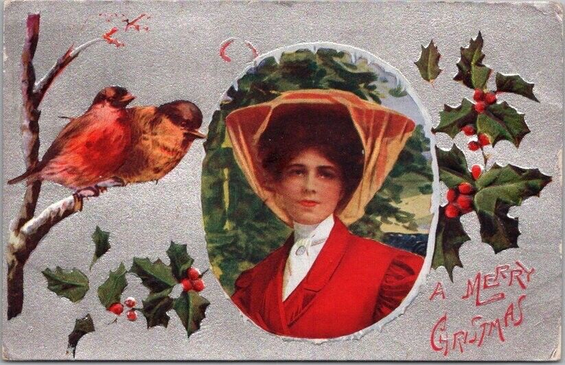 Vintage MERRY CHRISTMAS Embossed Postcard Pretty Lady Hat Fashion c1900s