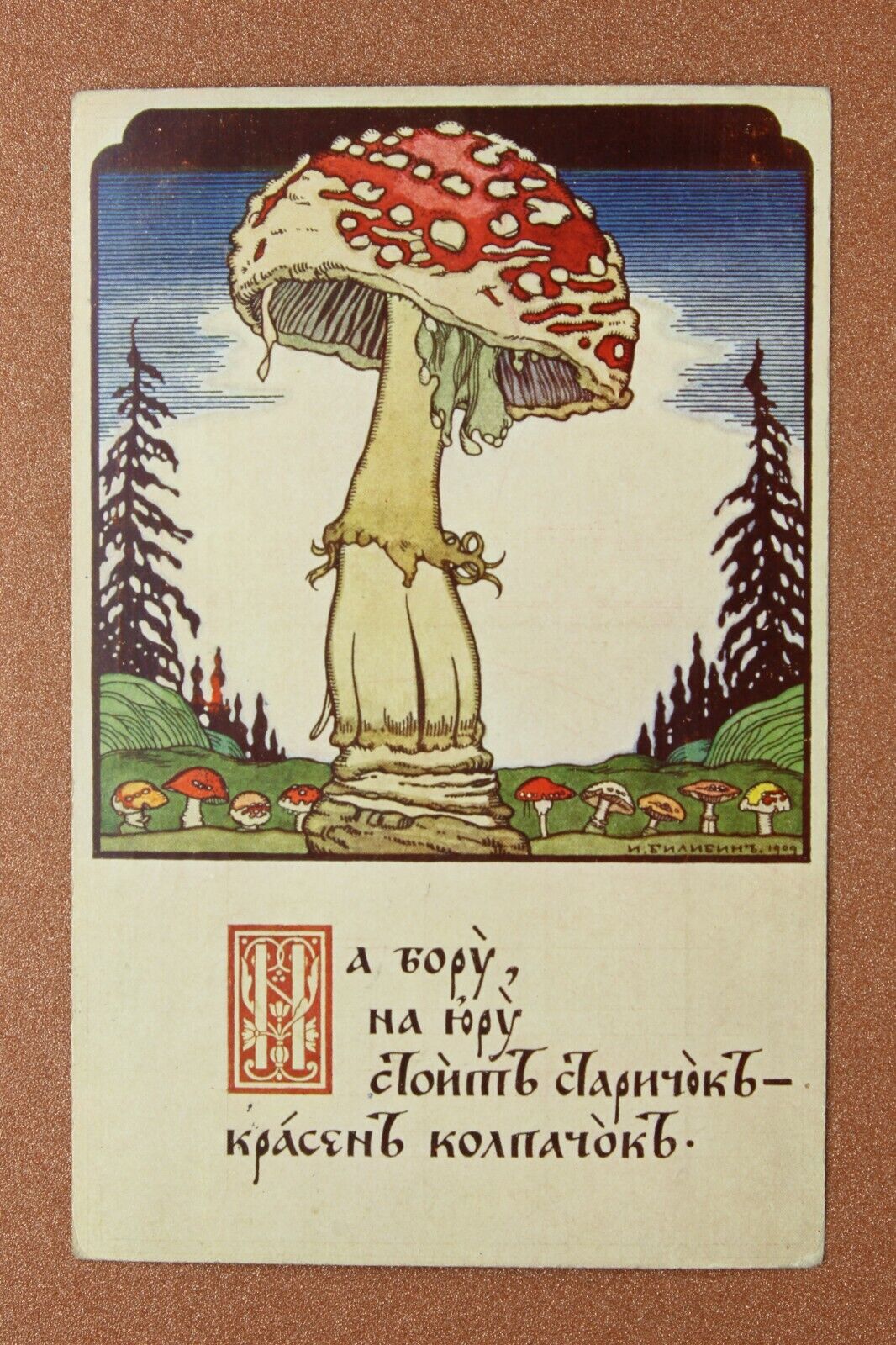 🍄BILIBIN. Mushroom AMANITA. Tsarist Russia postcard 1909 Riddle Russian forest