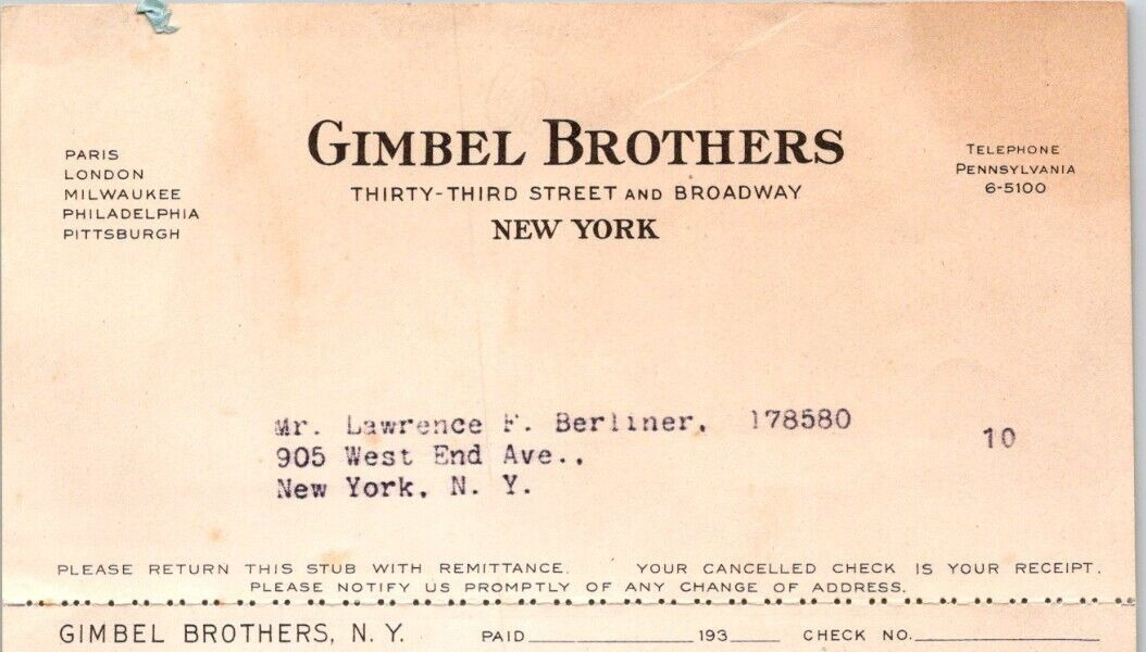 1938 Gimbel Brothers NEW YORK CITY Christmas Shop in November Pay in January