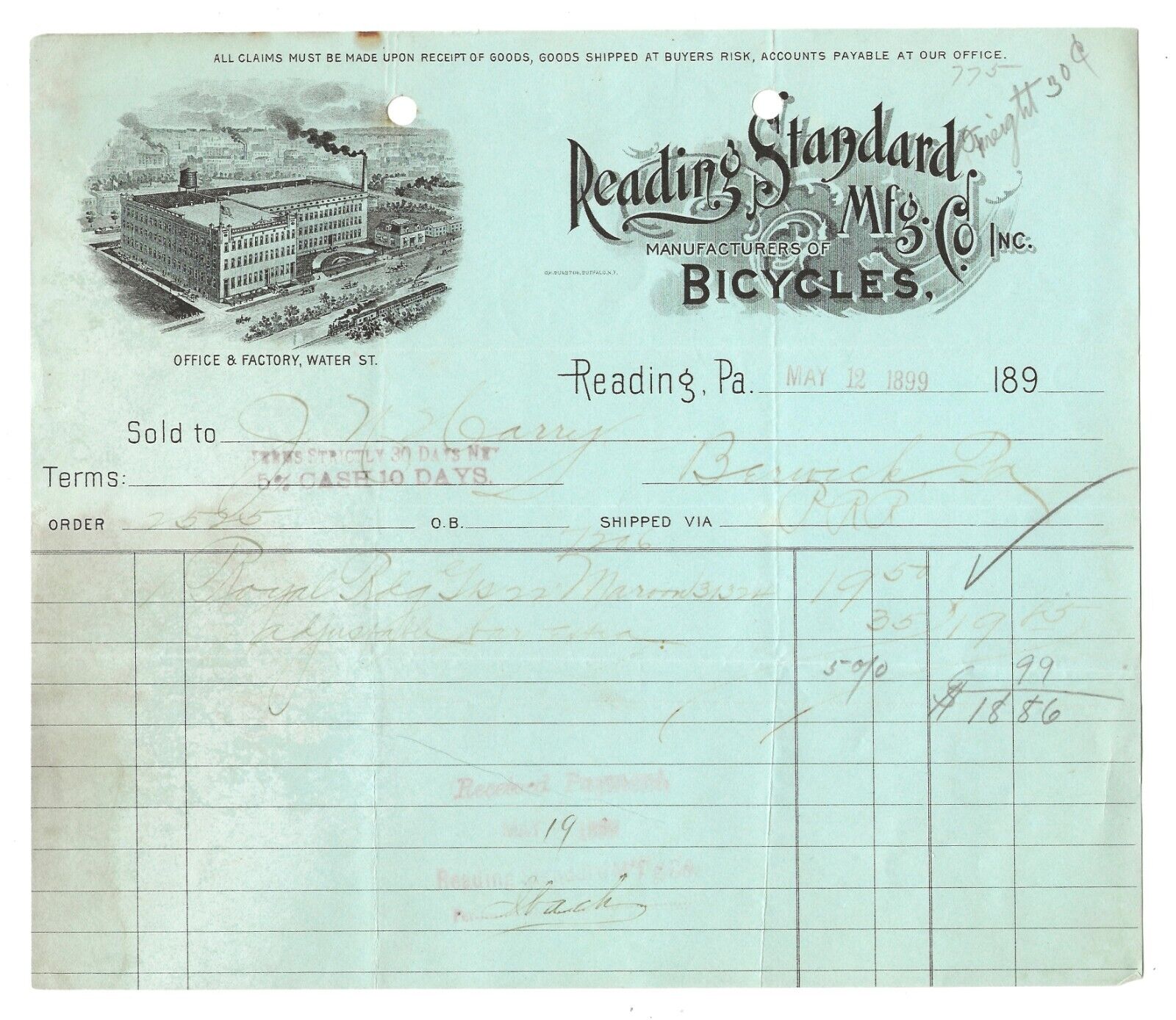 1899 Reading Standard bicycle company, Pa., history, bill head receipt, bike