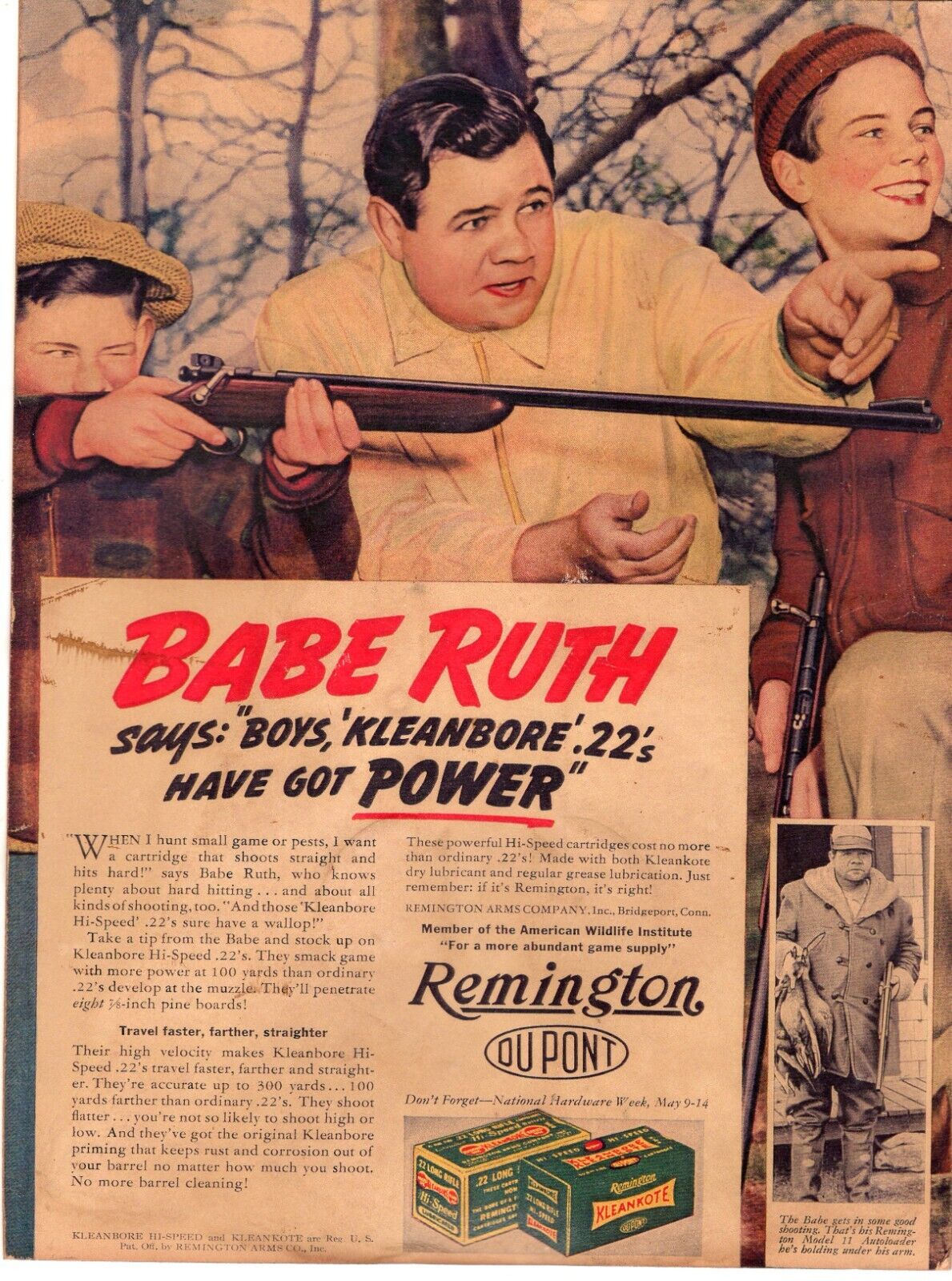 RARE 1938 BABE RUTH REMINGTON DU PONT Advertisement STAND UP HARD CARDBOARD NICE