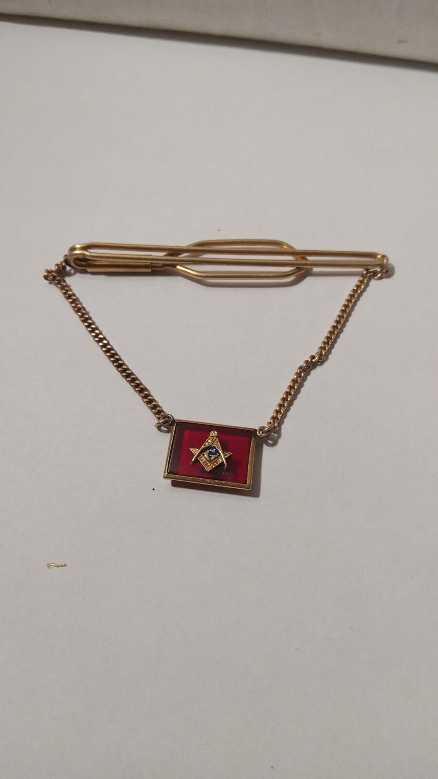 Masonic  12k Yellow Gold Filled Tie Clip With Red Masonic Symbol Vintage