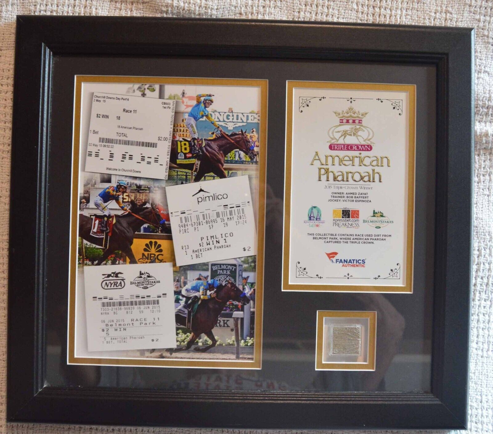 AMERICAN PHAROAH TRIPLE CROWN WIN-AUTHENTIC RACE DIRT IN FRAMED COLLAGE with/COA