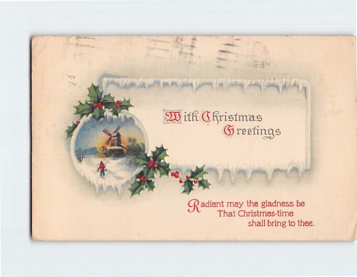 Postcard With Christmas Greetings with Poem and Christmas Embossed Art Print
