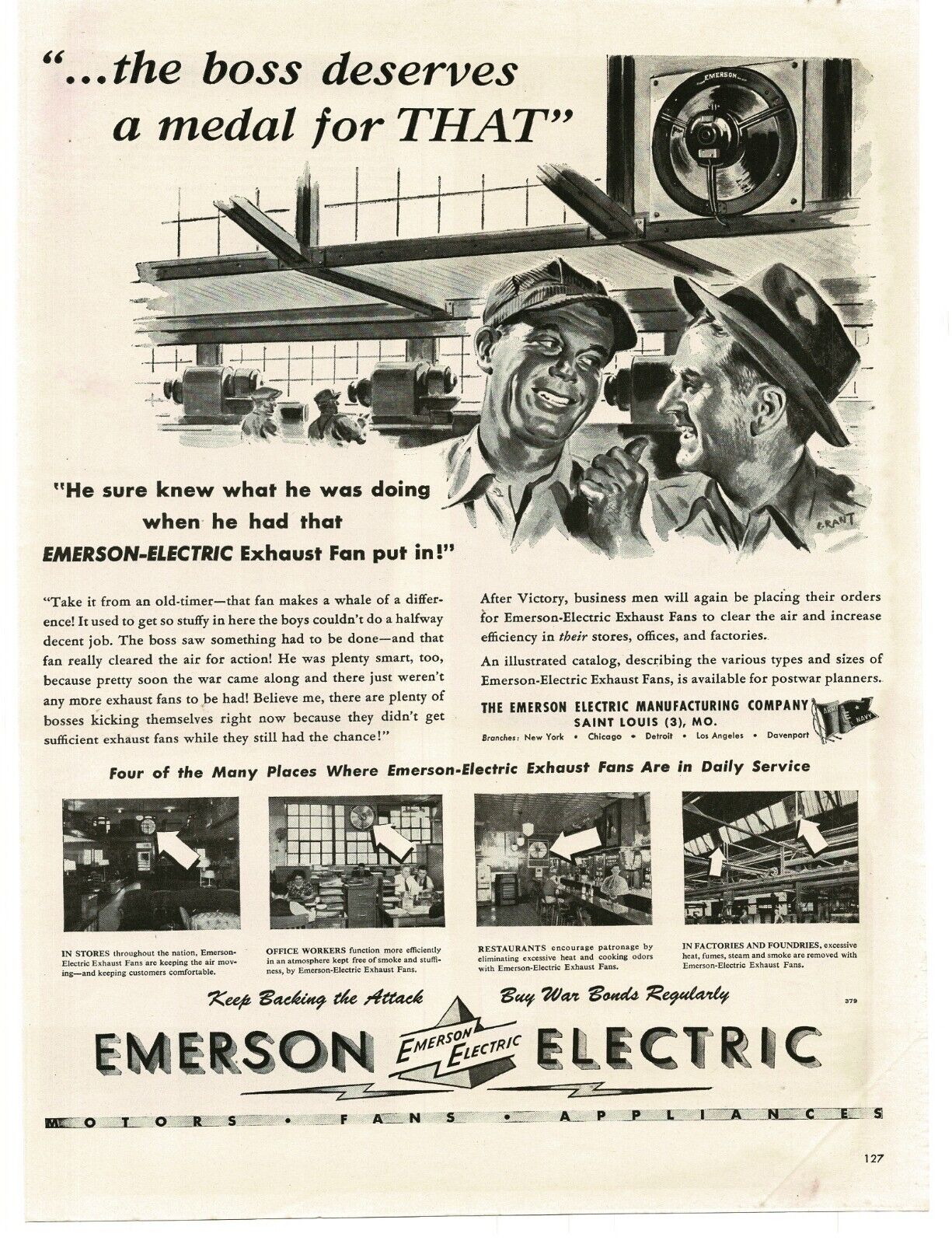 1944 Emerson Electric Company WWII Buy War Bonds Vintage  Print Ad