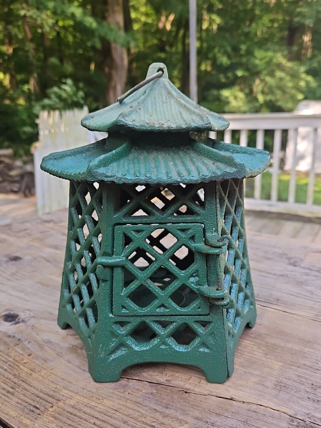 Antique Hand Cast Iron Double Pagoda Japanese Candle Lantern-Orignal Green Paint