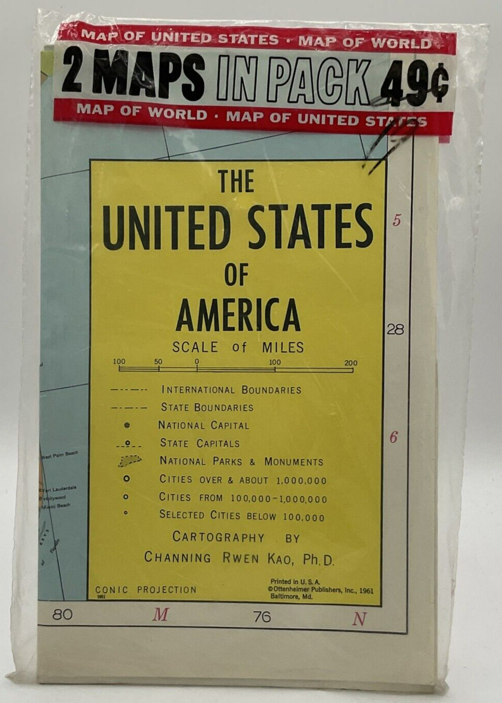 Vintage 2 Maps in Sealed Pack United States & World Ottenheimer 1961 Baltimore