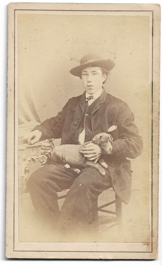 1870s CDV Wonderful Image Small Boy Holding His Dog J S Hovey ROME New York
