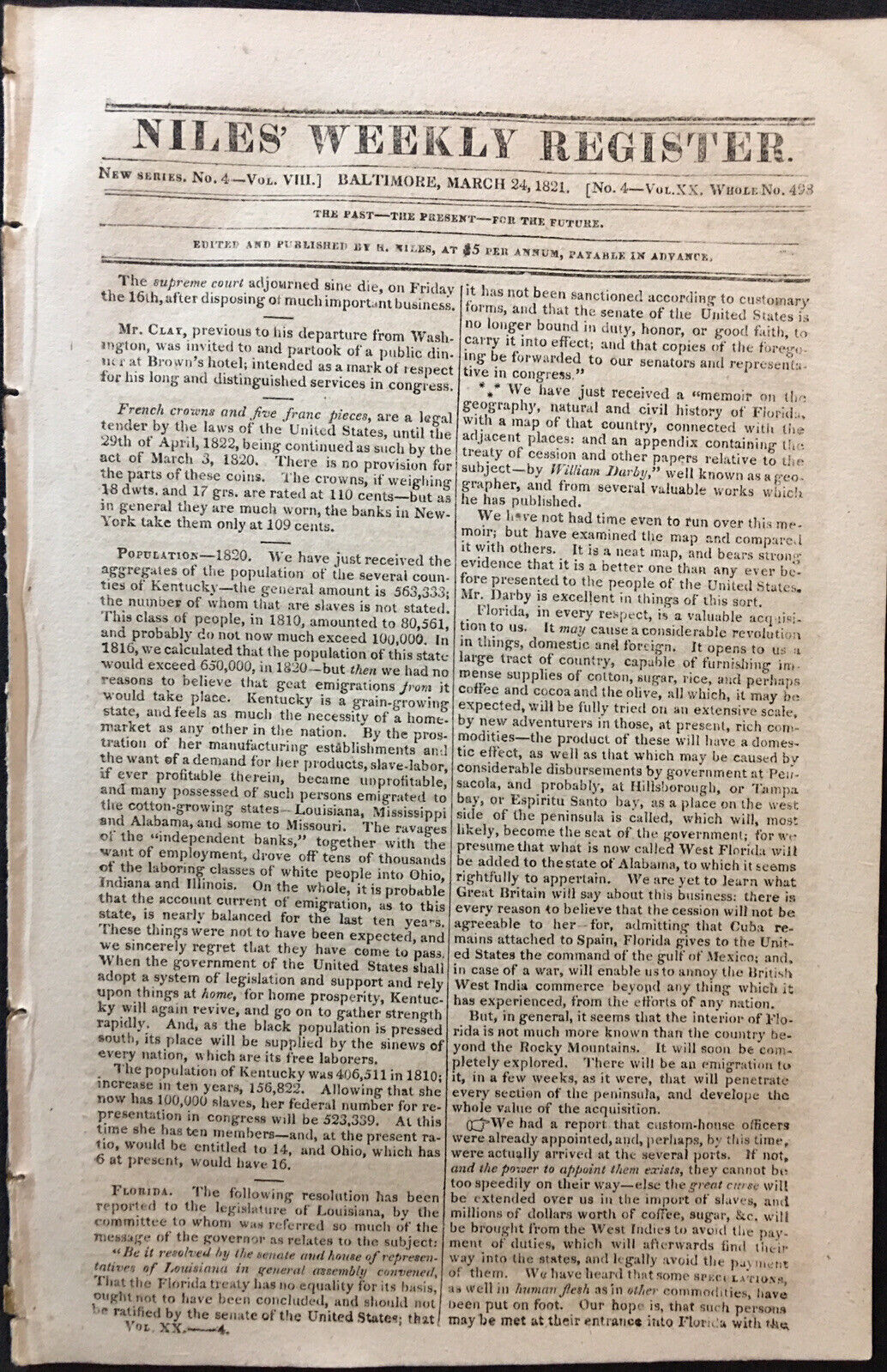 Missouri Statehood-Florida Treaty 1821 Piracy Law-Kentucky Growth