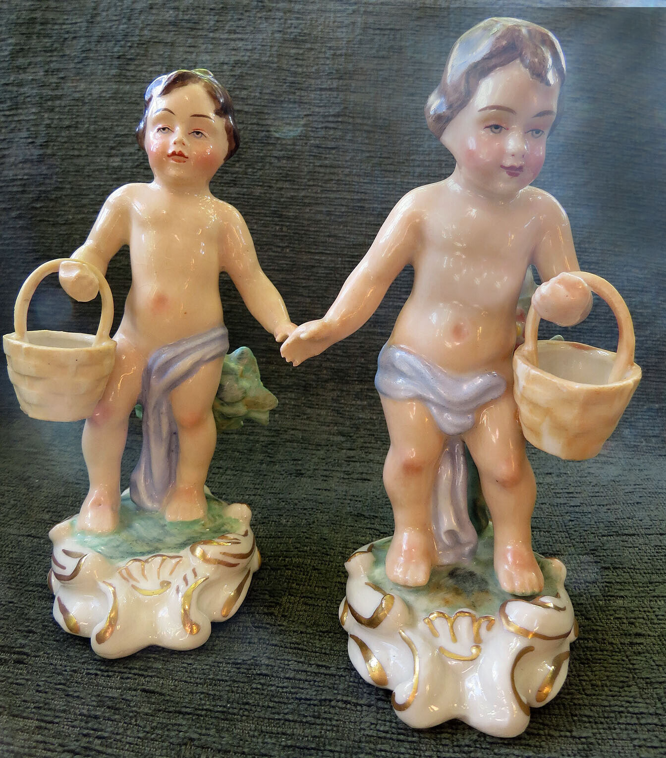 Rare Antique Matched Pair 1944 JABESON PORCELAIN Boy with a Basket Figurines