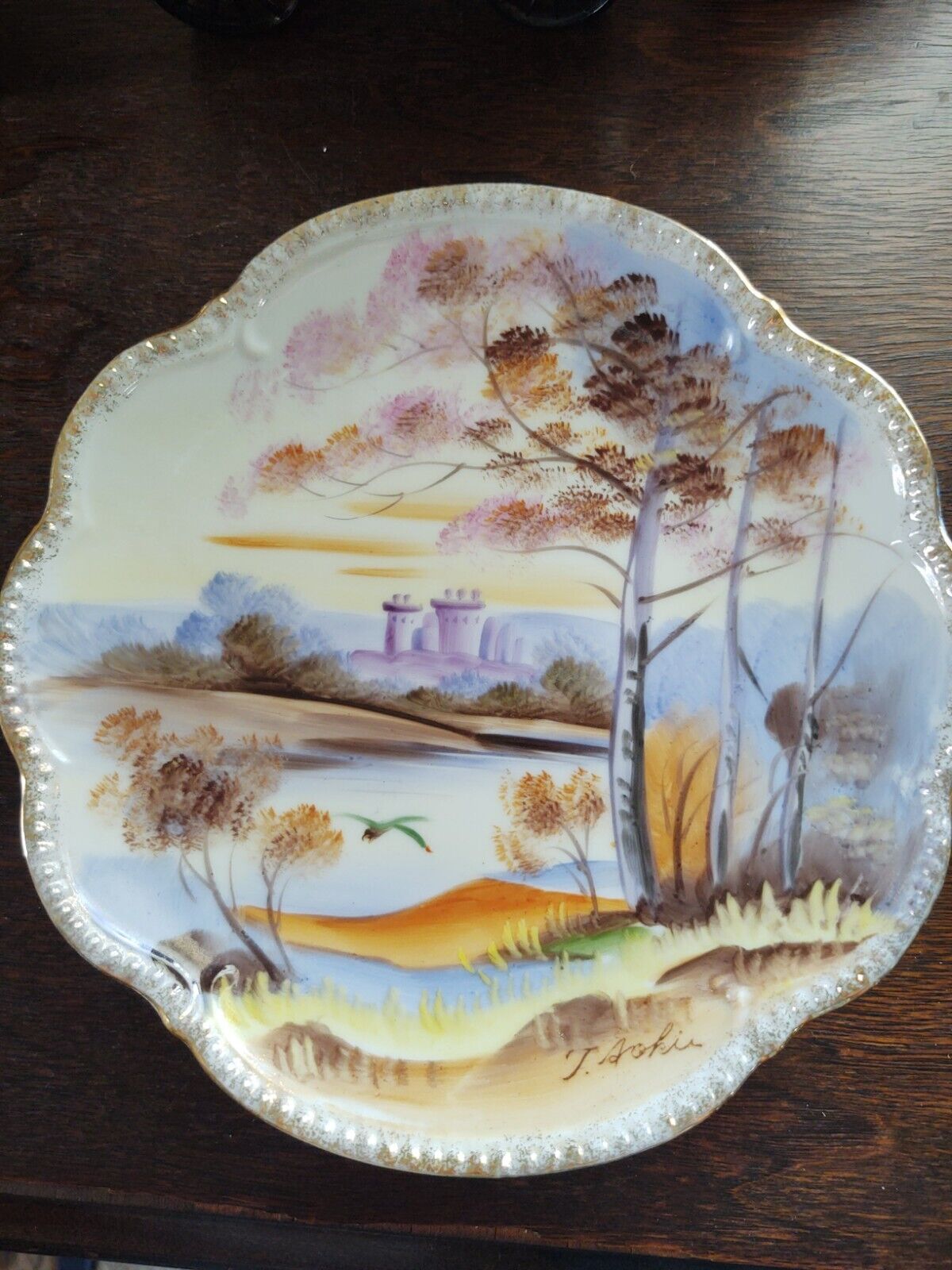 J. Aoki signed Decorative Hand painted Plate- Castle Lake Scene 8”VG