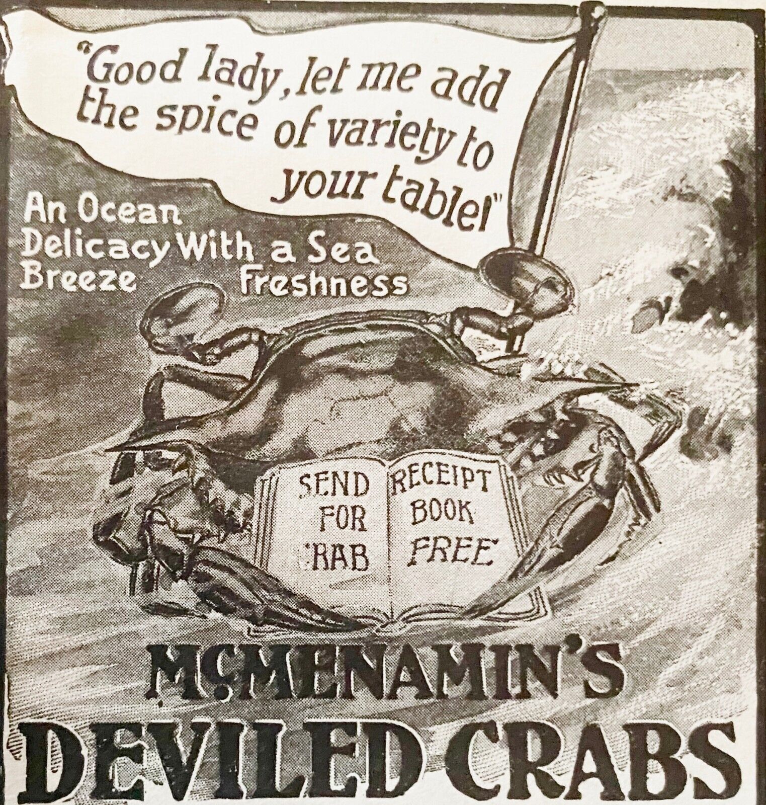1903 McMENAMIN'S DEVILED CRAB Vtg Art Print Ad Hampton,VA~Kitchen Food Ephemera